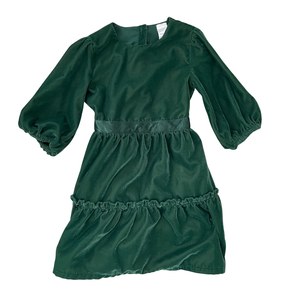 Nordstrom Velvet Dress Kids 5 Green Polyester Tiered Puff Sleeve Holiday Classic